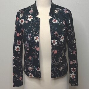 Zara Basic Floral Print Blazer Sz Sm Faux Leather Trim Black Cropped Jacket